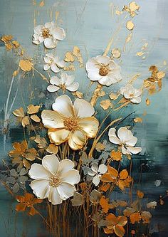 a painting of white and gold flowers in a vase