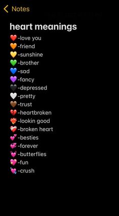 hearts are arranged in different colors on a black background with the words heart meaningss