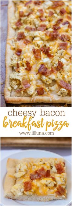 the cheesy bacon breakfast pizza is ready to be eaten and put on the table