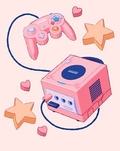 an image of a pink game system with hearts and stars around it