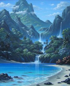 an oil painting of a waterfall in the middle of a tropical landscape with blue water and rocks