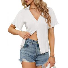 Elevate your summer style with the KOJOOIN Women's Corduroy Short Sleeve Tops, a must-have for the fashion-forward wardrobe. This chic blouse features a deep V-neck and a front button closure, beautifully accentuated with ruffle details for a touch of elegance and playfulness.

- **Size**: L (12-14)
- **Color**: White
- **Material**: 100% Polyester
- **Gender**: Female
- **Key Features**:
  - **Texture**: Corduroy fabric adds a unique touch.
  - **Neckline**: Flattering deep V-neck.
  - **Closur Deep V Neck Shirt, Corduroy Texture, Corduroy Top, Wardrobe Color, V Neck Shirt, Corduroy Shorts, Ruffle Sleeve Blouse, Chic Blouses, Puff Long Sleeves