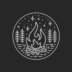 a black and white drawing of a campfire surrounded by trees with stars in the background