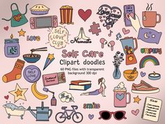 an advertisement for self care clipart doodles on a pink background with various items