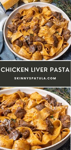 chicken liver pasta in a white bowl with cheese on the side and an image of sliced bread