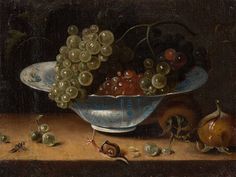 a painting of grapes and other fruit in a blue bowl