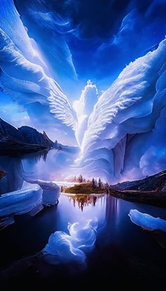 an image of a bird with wings flying over water and icebergs in the background