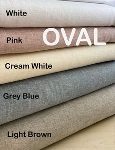 six different colored sheets stacked on top of each other with the words oval in white, pink, cream, and grey