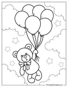 a teddy bear holding balloons in the sky with stars and clouds on it's back