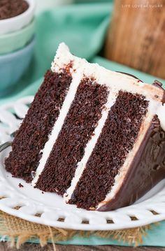 a slice of chocolate cake on a white plate