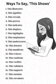 a girl reading a book with the text, ways to say this shows