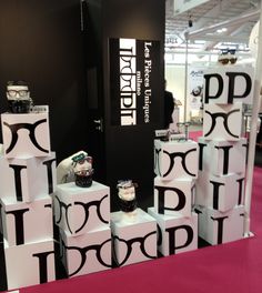 the display is decorated with black and white letters