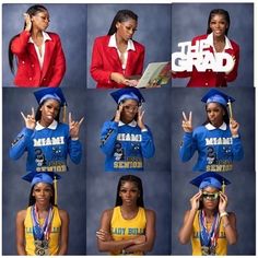 a collage of photos showing the same person in different graduation outfits