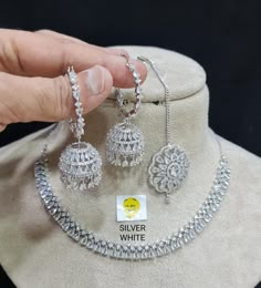 Silver Finish American Diamond Stones Choker Necklace Set with Jhumki Earrings and Tika Rose Gold Choker, Elegant Choker, American Diamond Necklaces, Silver Diamond Necklace, Fancy Jewellery Designs, Jhumki Earrings, Stone Choker, Diamond Necklace Set, Pakistani Jewelry