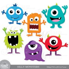 four different colored monsters with big eyes