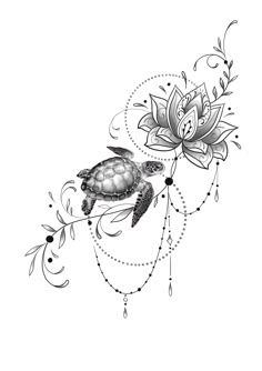 a drawing of a turtle and flowers on a white background