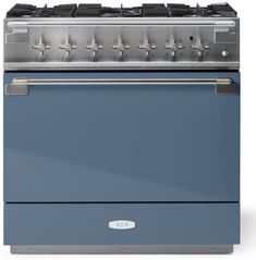 a blue stove with four burners and two oven doors on each side, in front of a white background