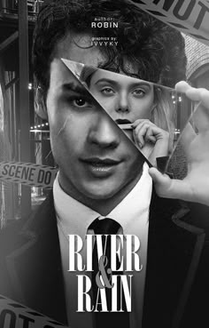 the poster for river and rain shows a man in a suit holding a knife to his face