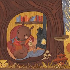 a bear sitting in a chair reading a book next to a fire place and mushrooms