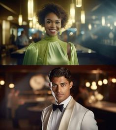 two different pictures one has a man in a tuxedo and the other is a woman in a green dress