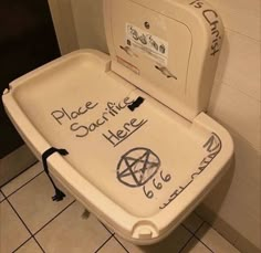 a white toilet with writing on the lid and seat cover that says place sagite here