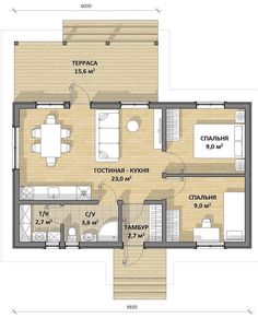 a floor plan for a small house with two bedroom and living room, including an attached kitchen