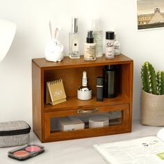 a wooden shelf with cosmetics and other items on it next to a potted cactus