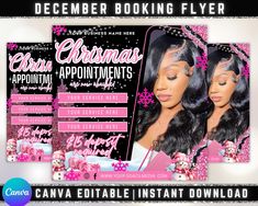 the christmas flyer is shown with pink snowflakes