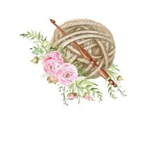 a watercolor painting of yarn and flowers on a white background with an knitting needle