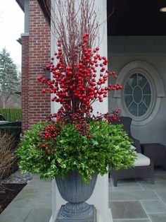 a vase filled with red berries sitting on top of a cement floor next to a building