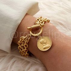 Rouge! | Jewelry | Coin Medallion Charm Rhinestone Gold Tone Chain Dangle Bracelet | Poshmark Coin Charm Bracelet, Woman In Gold, Gold Link Bracelet, Coin Bracelet, Gold Armband, Charm Chain, Chain Bracelets, Gold Bracelets, Mens Jewelry Bracelet