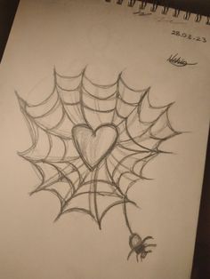 a drawing of a spider web with a heart on it