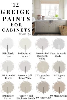 the top paint colors for kitchen cabinets and countertops with text overlay that reads 12 greige paints for cabinets