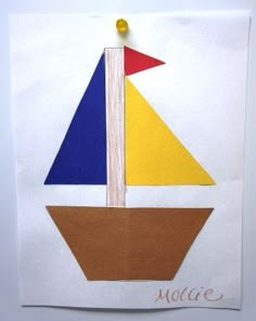 a piece of paper with a sailboat on it and the word molcie written in red