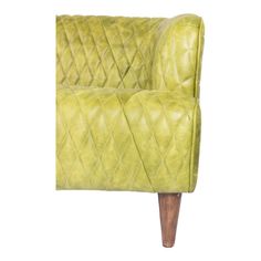 a green chair with wooden legs and quilted upholstered armrests on an isolated white background