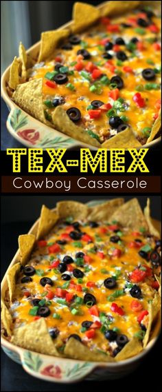 tex - mex casserole with black olives, peppers, and cheese