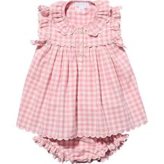 This darling baby girl party dress has all the bells and whistles. Beautifully scalloped ruffles along the sleeves and collared neckline mixed with embroidery make for the perfect special-occasion dress. It comes with a set of matching ruffled baby bloomers for the sweetest party look. | Oso & Me | Sadie Baby Dress, Rose Check (Pink, Size 3M) | Maisonette collects the best children’s products from around the world (unlike Zulily, Etsy, The Tot, Farfetch Kids, Childrensalon, Crate and Kids, Kohls, Wayfair, Buy Buy Baby, Nordstroms, Mini Boden, J.Crew Factory, or PotteryBarn Kids), creating a curated shopping experience for you. Think of us as your shortcut to fashion for litte ones! Pink Dresses With Ruffled Collar For Spring, Ruffled Baptism Dress With Peter Pan Collar, Baptism Dress With Ruffles And Peter Pan Collar, Ruffled Peter Pan Collar Dress For Baptism, Pink Summer Dresses With Scalloped Edges, Pink Sleeveless Dress With Scalloped Edges, Pink Fitted Dress With Ruffled Collar, Cute Pink Dress With Peter Pan Collar, Feminine Peter Pan Collar Dress With Ruffles