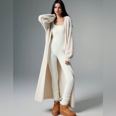 Knitwear Plain Design Open Front Long Sleeves Longline Cut Loose Fit The Model Is Wearing A S Xs 2 S 4 M 6 L 8/10 Chic Cream Sweater Coat For Loungewear, Fitted Winter Sweater For Loungewear, Fitted Knitted Sweater For Loungewear, Chic Knit Sweater Coat For Loungewear, Winter White Cardigan For Loungewear In Winter, Beige Fitted Sweater For Loungewear, Chic Knitted Cardigan For Loungewear, Winter Loungewear Ribbed Cardigan, Casual Winter White Cardigan For Loungewear