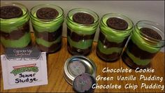 chocolate cookie green vanilla pudding in mason jars