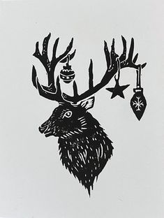 a black and white drawing of a deer's head with ornaments hanging from its antlers