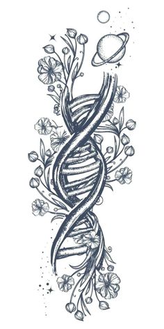 a drawing of a spiral design with flowers and planets in the background that says tattoo ale