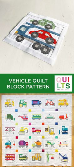 an image of a quilt with cars on it and the words vehicle quilt block pattern