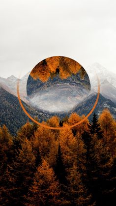 an orange circle is in the middle of a mountain landscape with trees and mountains behind it