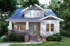 a small house with a blue roof and white trim on the front porch is shown