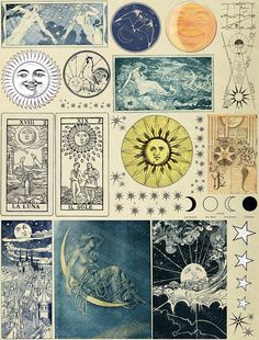 an old book with various pictures and symbols on it's cover, including the sun