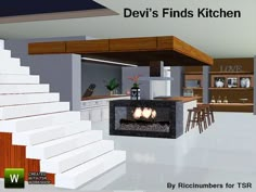 an open concept kitchen and living room with stairs