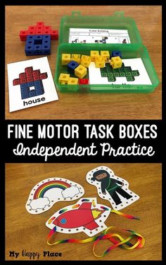 the fine motor task boxes are organized and ready to be played with