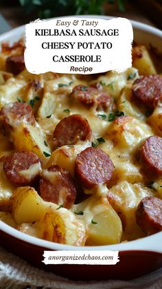 a casserole dish with cheese and sausage