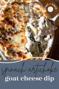 spinach artichoke goat cheese dip in a casserole dish with text overlay