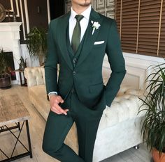 Bojoni Green Slim-Fit Suit 3-Piece | BOJONI Dark Green Wedding, Green Tuxedo, Stylish Suit, Men Suit